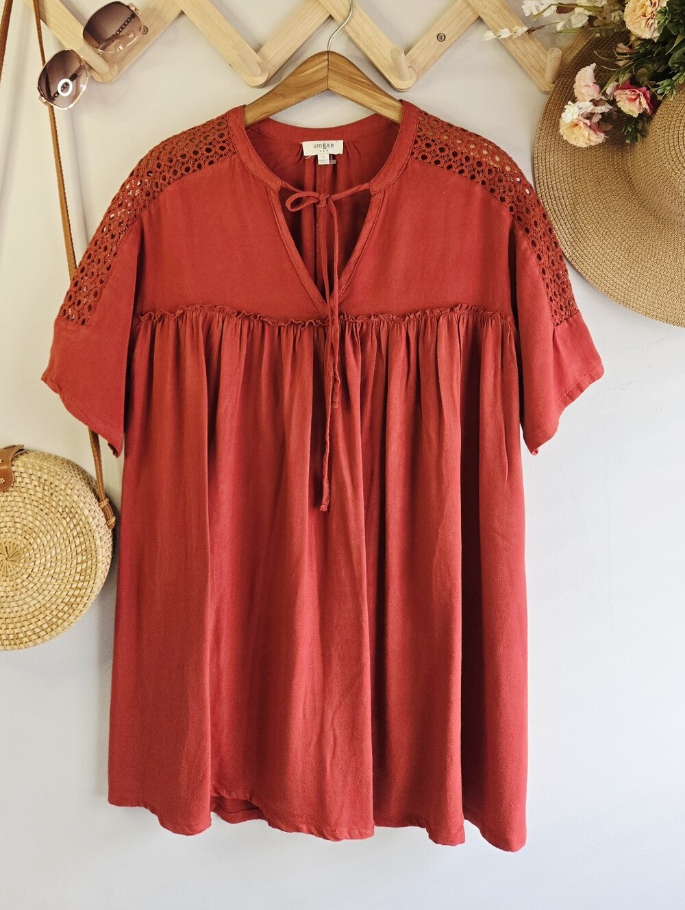 Umgee Rust Red Crochet-Yoke Tie-Front Mini Dress